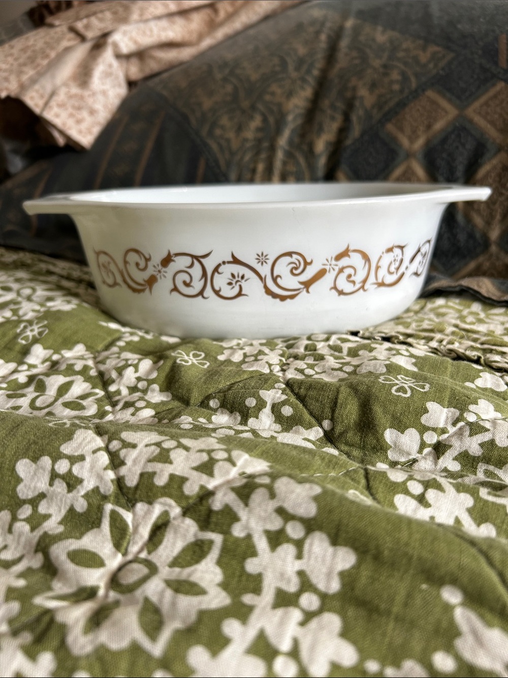 Vintage Pyrex White Casserole Dish with empire Scroll Border